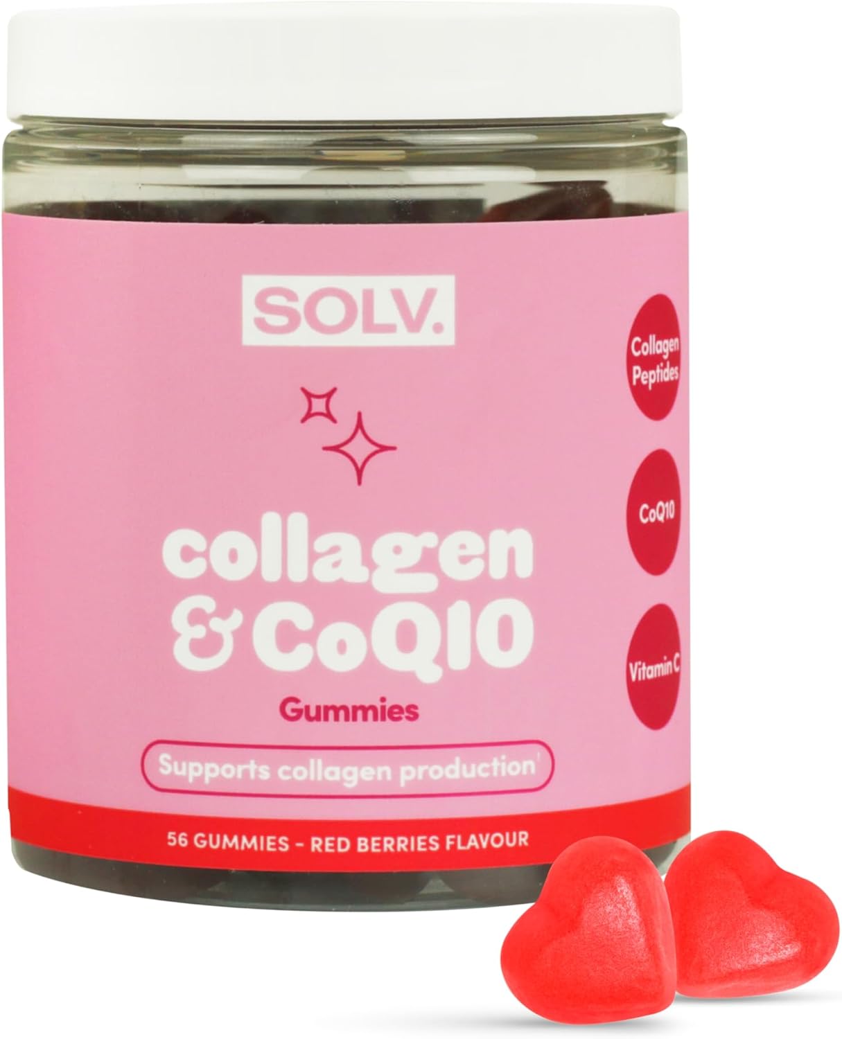 SOLV Collagen Peptides & CoQ10 Gummies – Biotin, Vitamins A & C – Supports Collagen Production for Hair, Skin & Nails – Beauty Supplement for Women & Men – 56 Chewable Red Berries Flavour Gummies (56)
