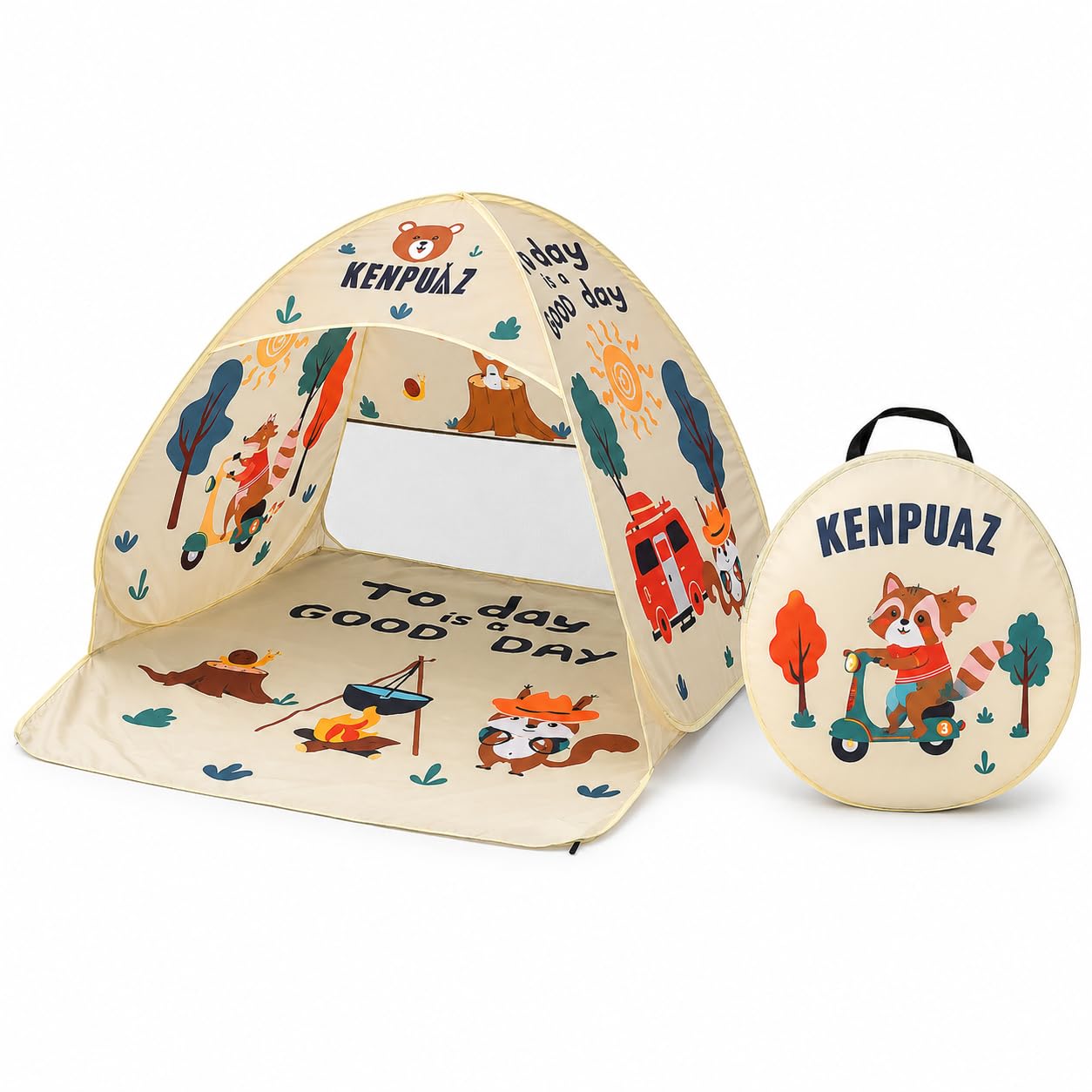 Grande Tente de Plage Pop Up 143x160x120cm – Abri Soleil Anti UV UPF50+ | Protection Enfant & Bébé – Respirant & Imperméable, Portable avec Sac de Rangement et Piquets, Motifs Animaux, Beige