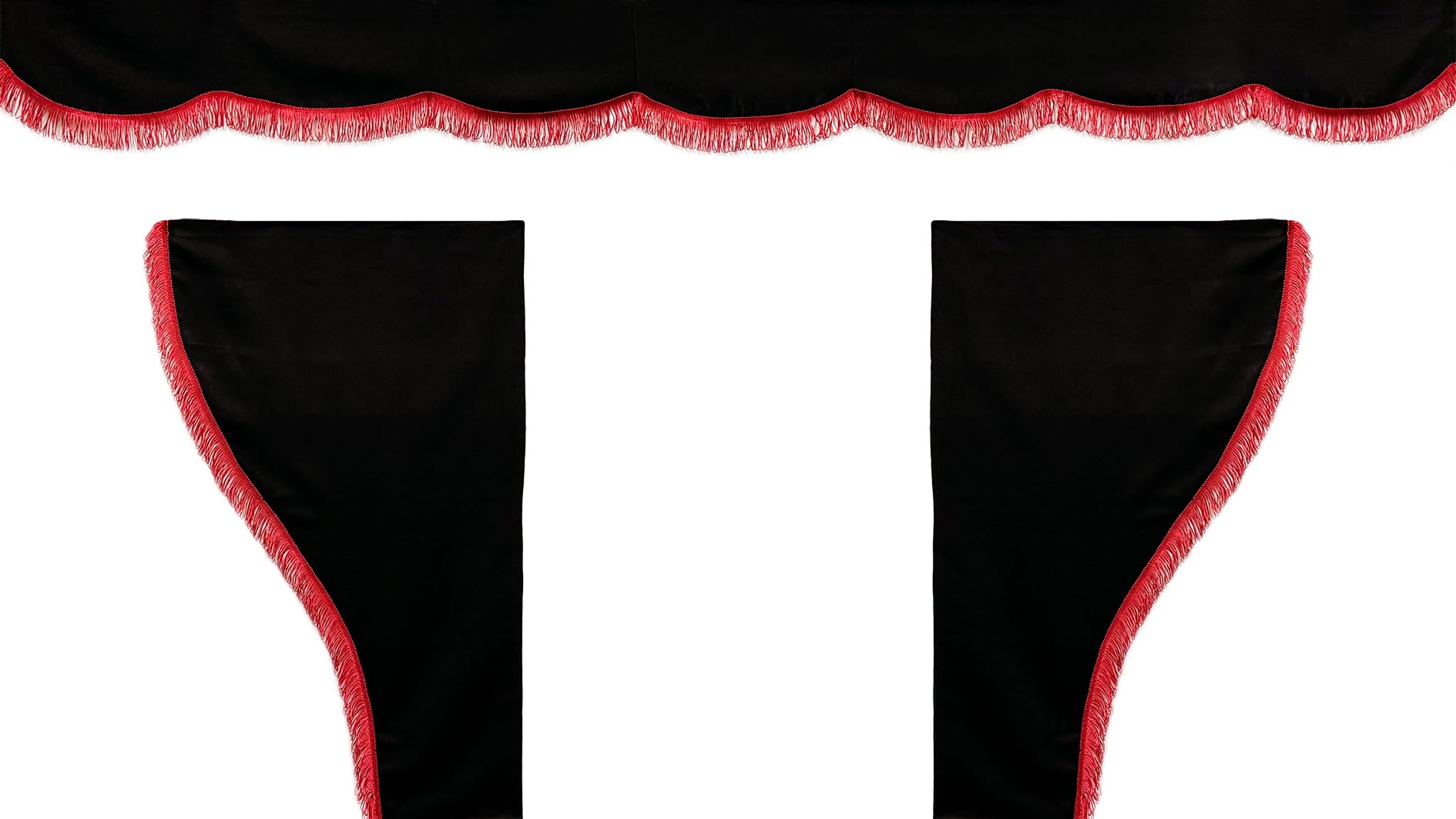 Cortinas para camiones - Juego de 3 piezas en negro con fleco rojo