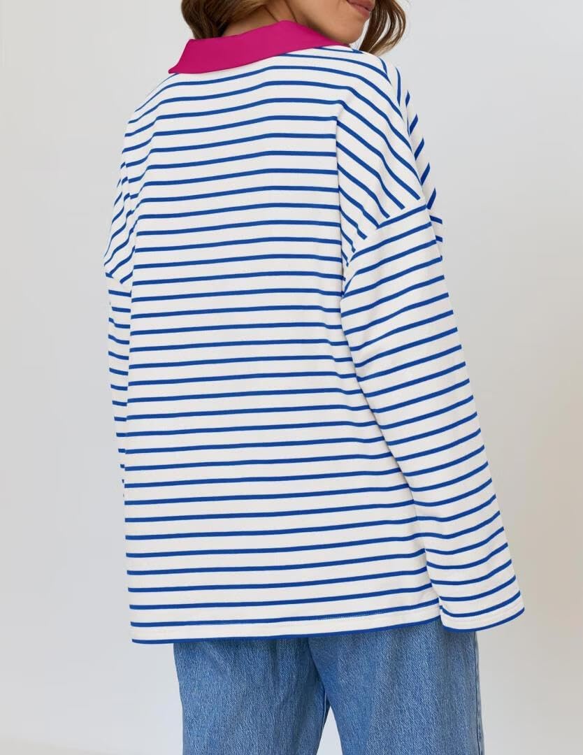 FMCHICO Womens Oversized Sweatshirt 2024 Striped Long Sleeve Casual V Neck Colorblock Pollover Tunic Tops