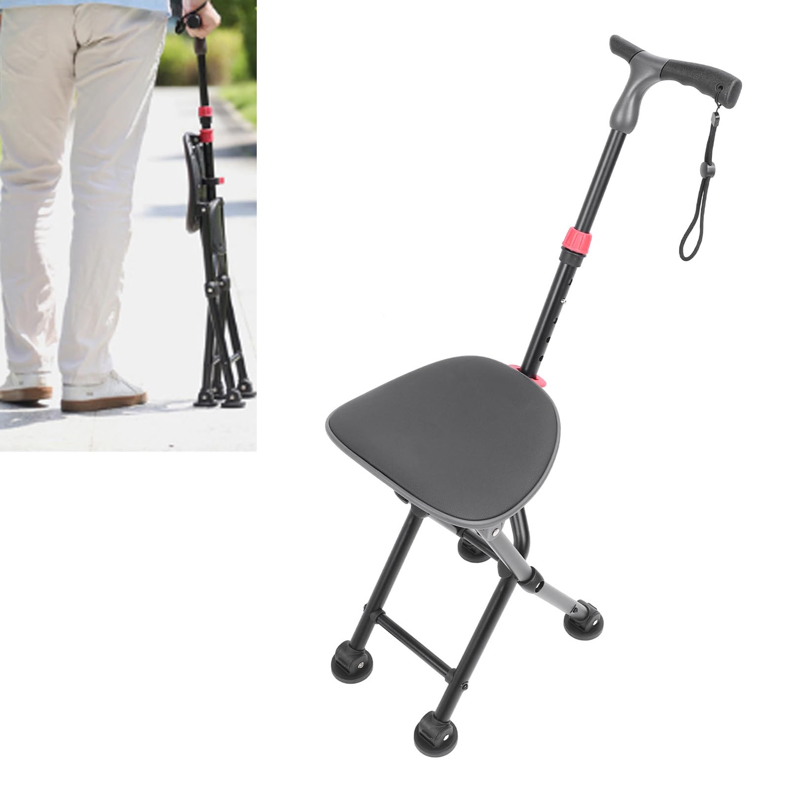 Cannes Pliantes avec Siège, Chaise Canne Légère Antidérapante à 4 Pieds pour Adultes et Personnes âgées, Marche Pliable pour la Randonnée Camping, Soutien à la mobilité