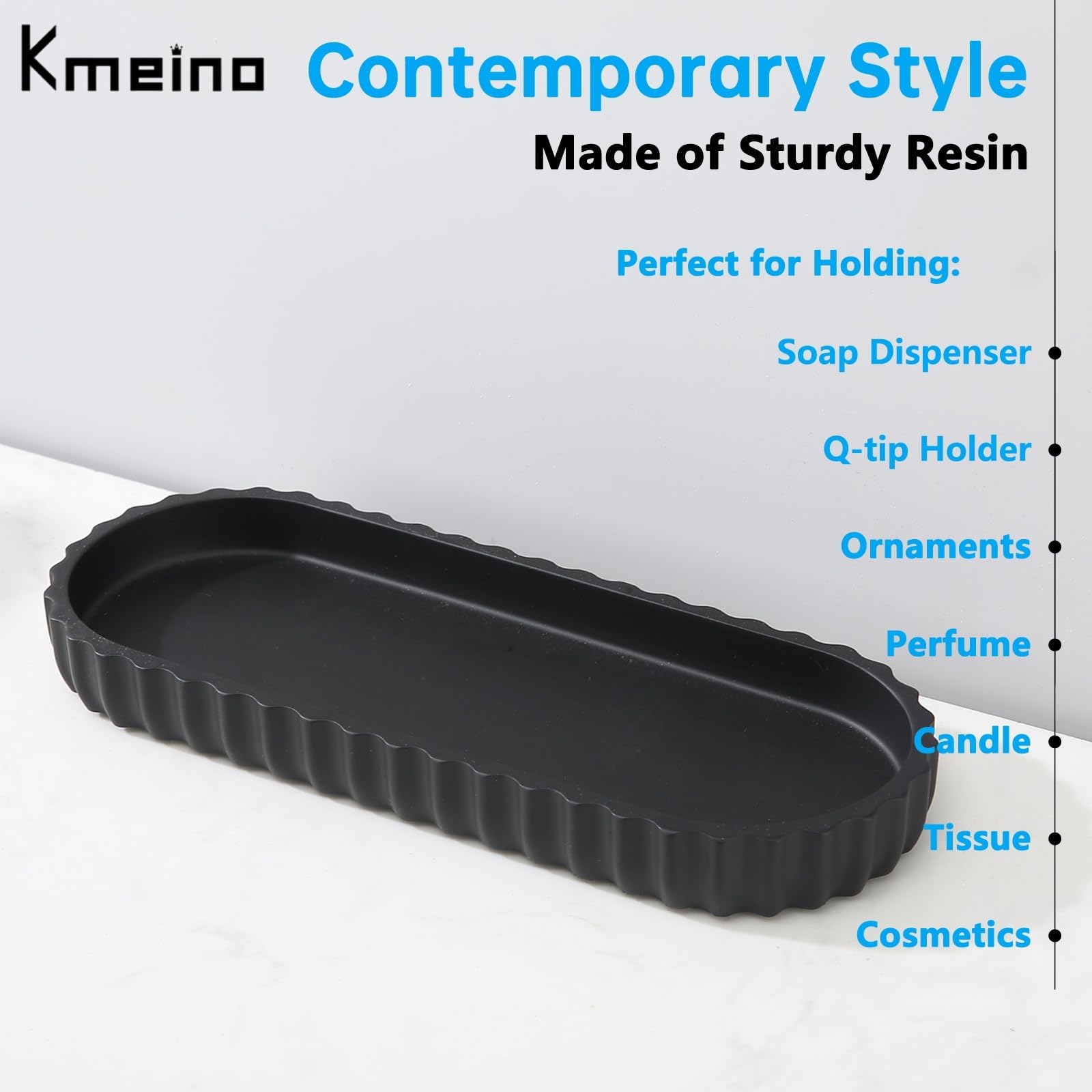 Kmeino Black Bathroom Tray Countertop, Resin Bathroom Vanity Tray for Toilet Bathroom Organizer for Perfume, Makeup, Jewelry, Candle, Key Ring Décor Bathroom Accessories Vanity Storage