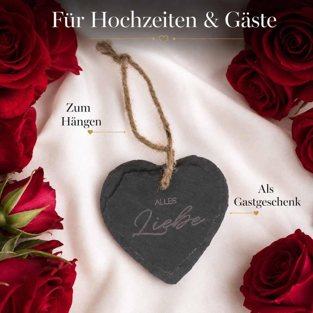 MIJOMA Schiefer Herzanhänger 24er Set – Gravierte Geschenkanhänger mit 6 Sprüchen – 7x7 cm – In Holzbox – Perfekt für Mitbringsel & Dekoration