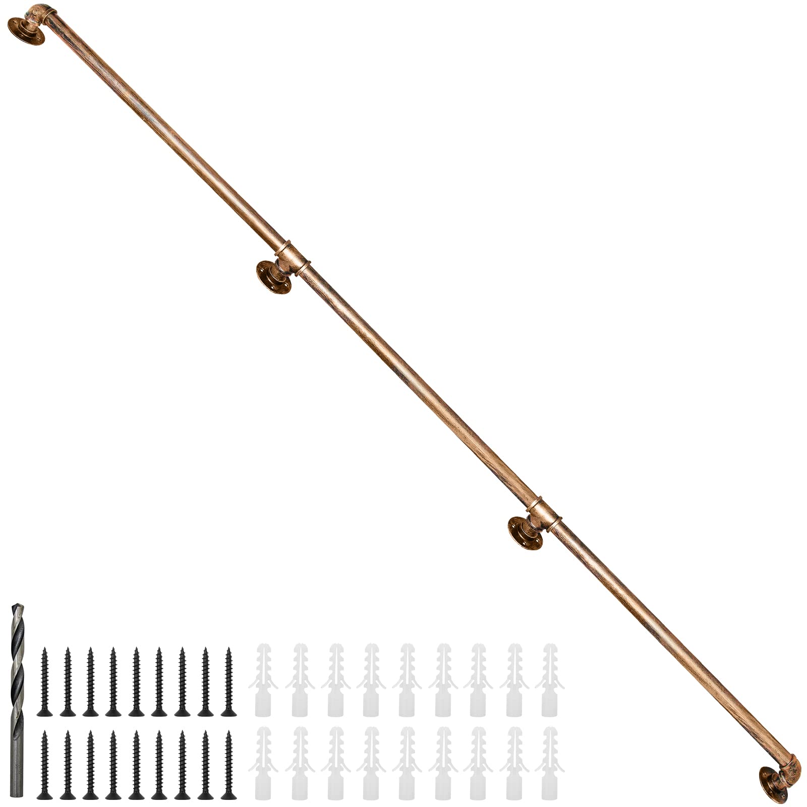 Rebala Wall Handrail 9FT,Industrial Staircase Railing 1.25 Inch Tube Diameter,Galvanized Pipe Handrail,Handrails for Indoor Stairs with Wall Mount Support for Indoor, Outdoor,Antique Brass