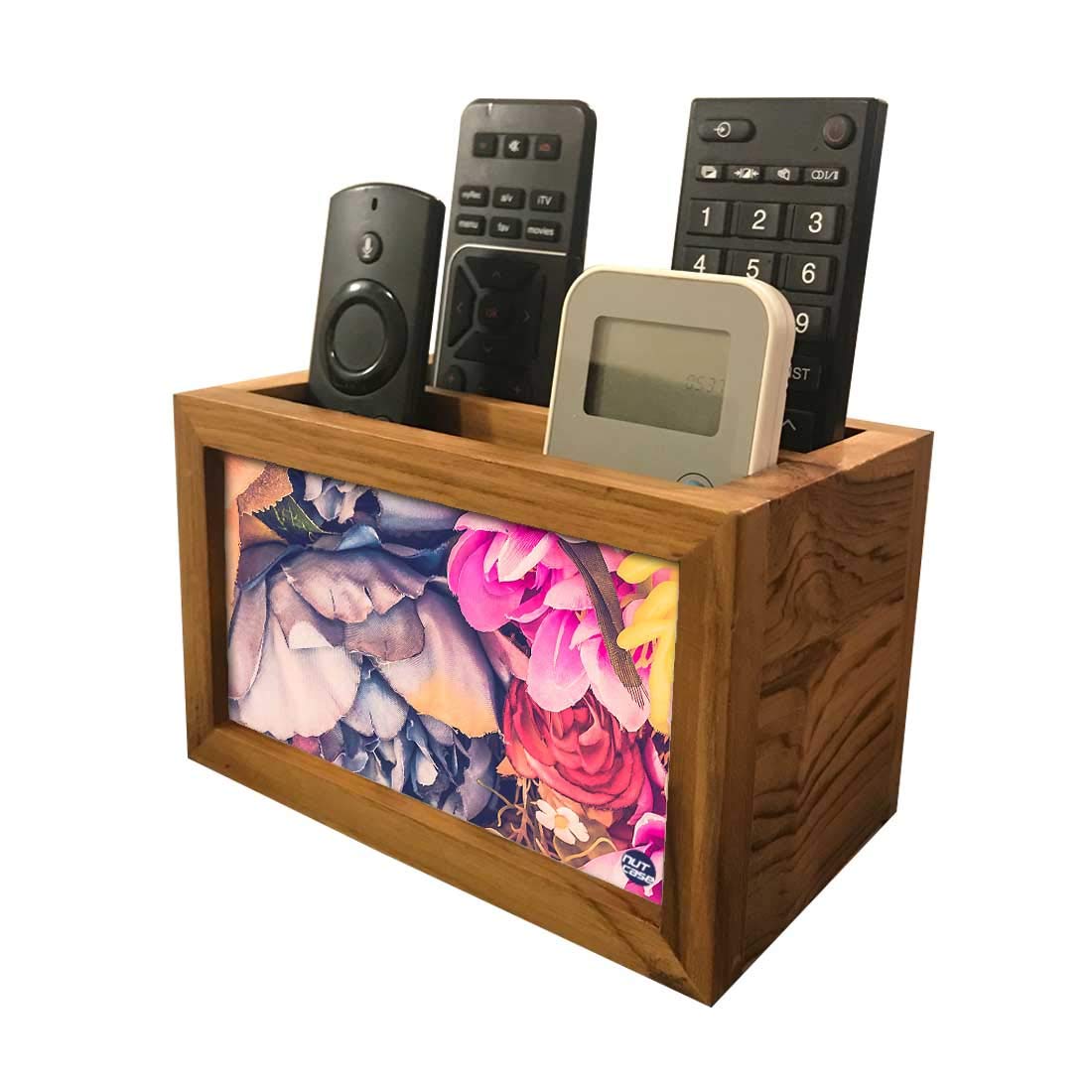 Nutcase Designer Teak Wood TV Remote Stand For Home Remote Holders Organizer Caddy for TV/AC Remotes Control -Multipurpose Desk Organiser-6�x4�x4� - Winter Flowers 3