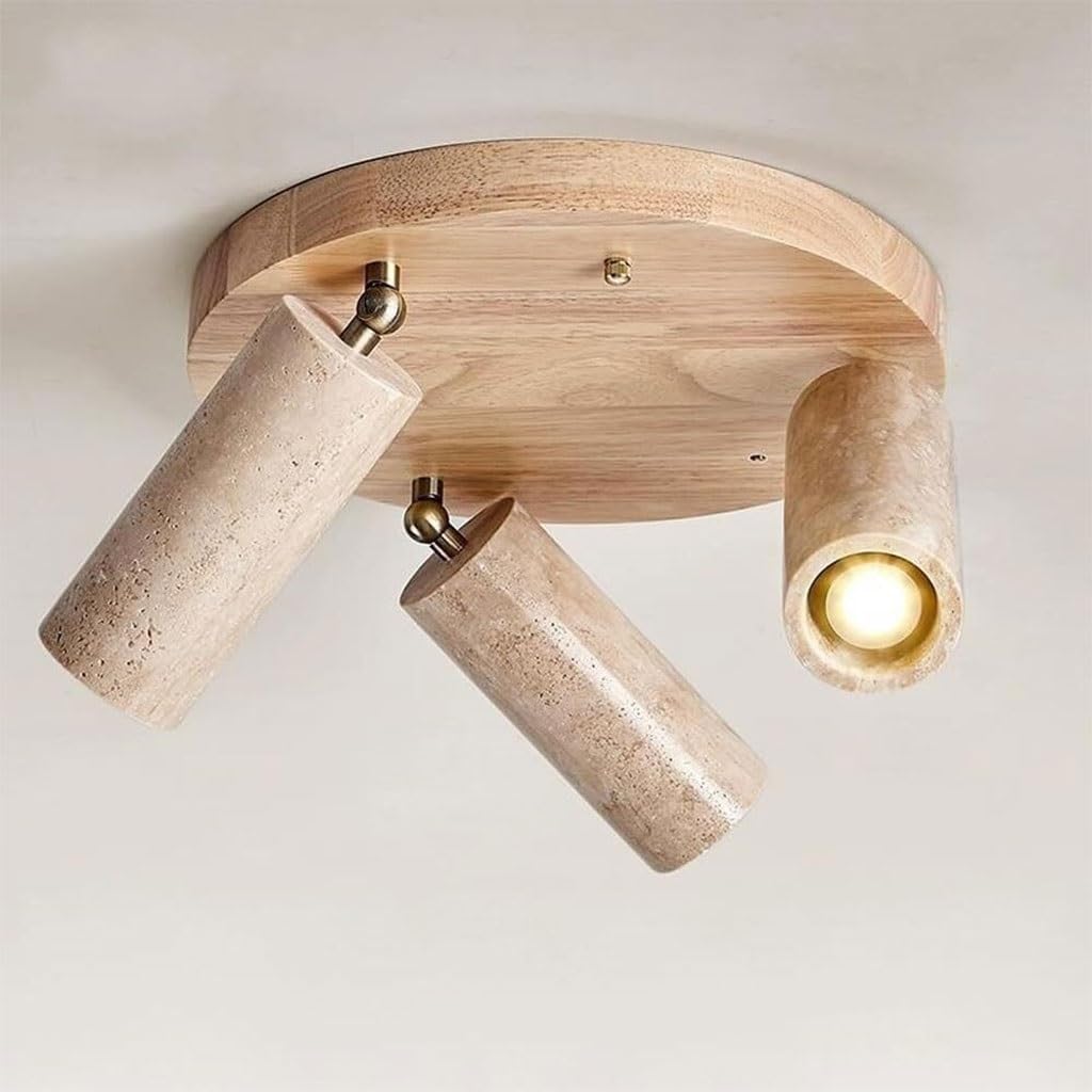 COSRUB Nordic 3 Lights Ceiling Lamp, Adjustable Cylinder Travertine Spotlights Japanese Stone Wood Close to Ceiling Light Fixtures for Hallway Entryway Stairs