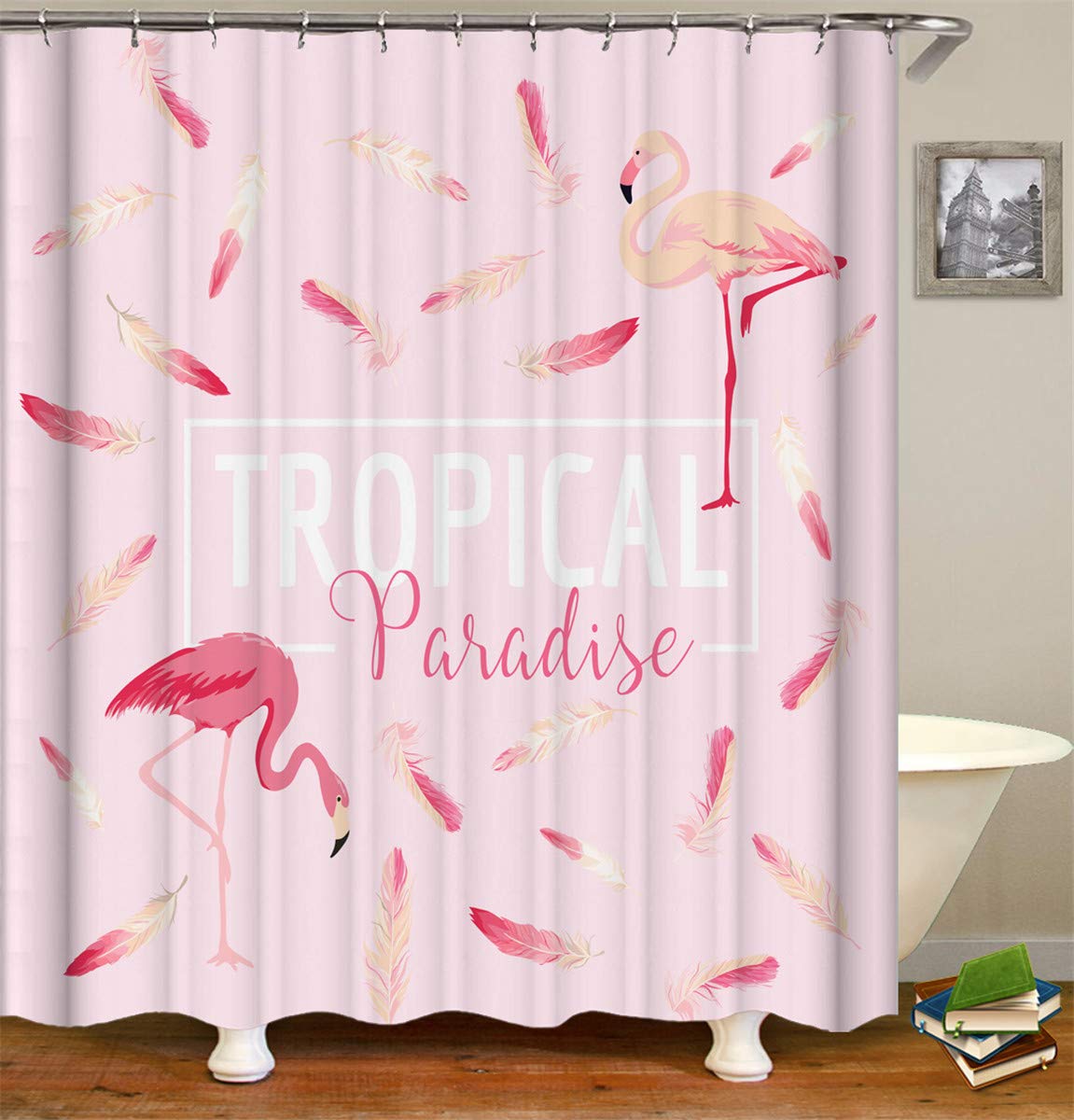 Fansu Mildew Resistant Waterproof Anti-Mould Anti-Bacterial Shower Curtain Bathtub Curtain 100% Polyester 3D Print with 12 Rings (Flamingo, 90x180cm)