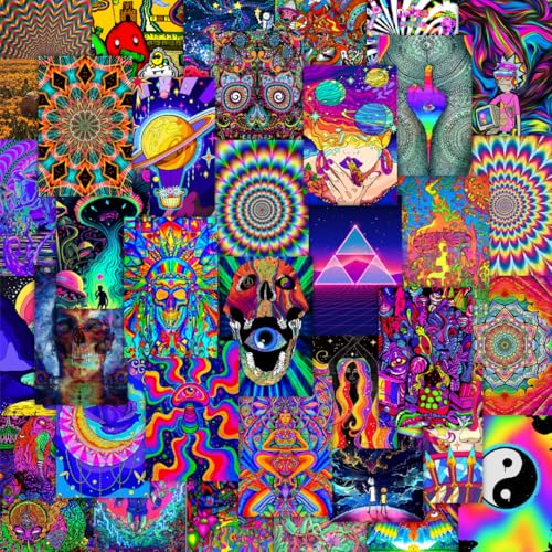 Image of CodersParadise Psychedelic Wall Collage Kit - Pack of 54 Aesthetic 4x6 Inch Posters for Bedroom, Dorm & Living Room Decor | Vibrant Trippy Psychedelic Cardstock Wall Art Prints with Glue Dots Included