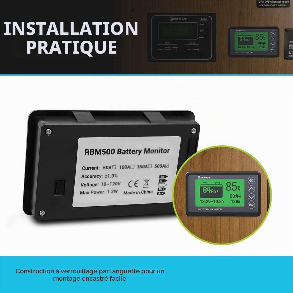 Renogy Moniteur de Batterie 500 A Haute et Basse Tension programmable Alarme pour Lithium