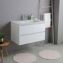 Kiamami Valentina - Bathroom Cabinet 80 cm with Ceramic Basin | White Wood Effect | 2 Spacious Drawers | Bathroom Sink Unit without Mirror