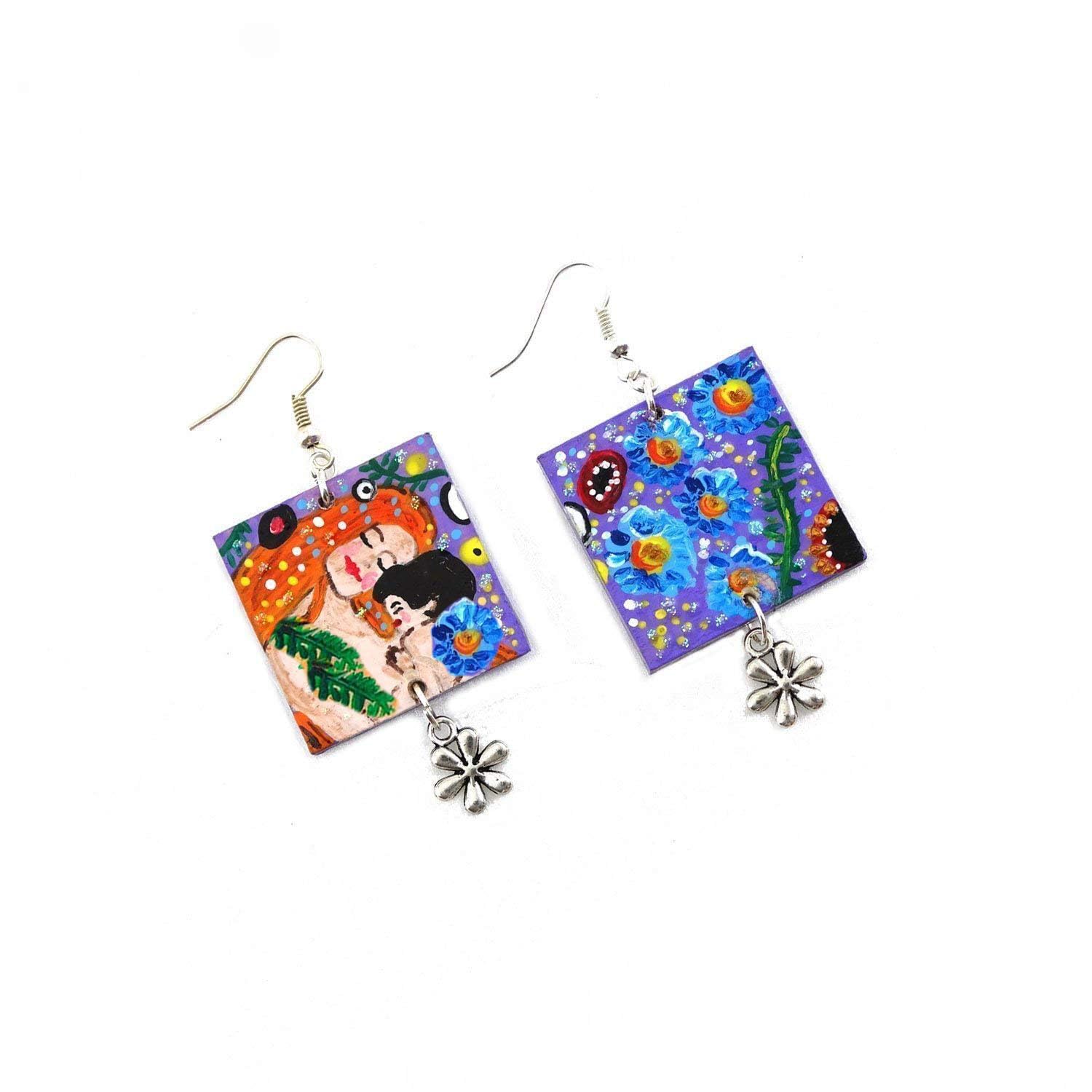 Boucles d'oreilles peintes à la main - MÈRE ET FILS DE GUSTAV KLIMT - Boucles d'oreilles pour femmes, Bijoux en bois peint, Crochet en argent, Made in Italy, Bijoux, Artisanat