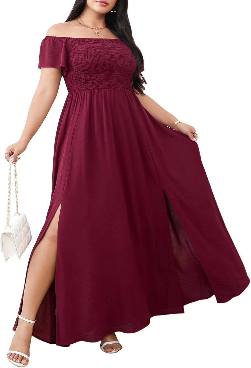 RWJ Womens Plus Size Wedding Guest Dress Summer Off Shoulder Short Sleeve Party Cocktail A-Line Split Long Maxi Dresses