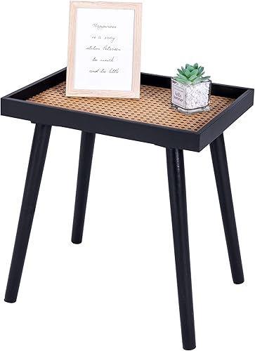 Mesa auxiliar de ratán, pequeña mesa auxiliar de madera, mesa auxiliar bohemia, mesita de noche de ratán para sala de estar y dormitorio (1, negro)