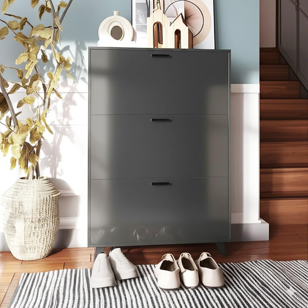 Anystyle Black Shoe Storage Cabinet for Large Shoes, 3-Tier Adjustable Flip-Door Organizer, Space-Saving Wooden Cabinet for Entryway, Closet, Living Room, 31.5" W x 49.2" H