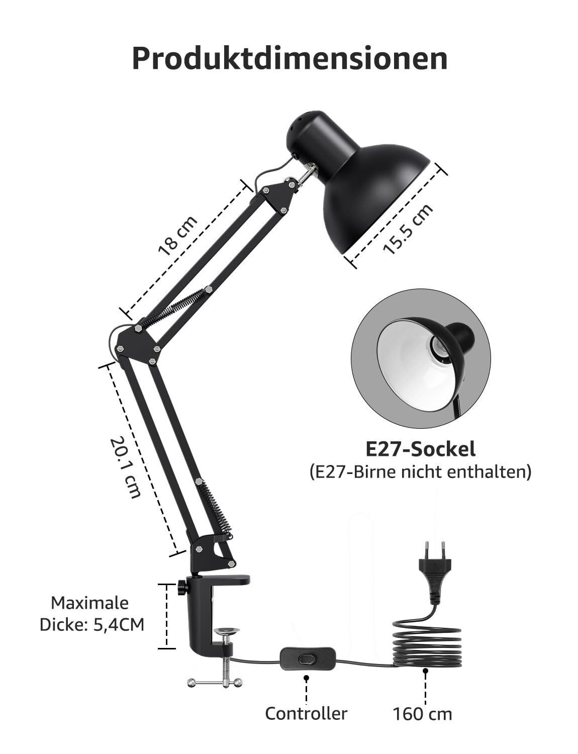 Lepro Schreibtischlampe Retro, Klemmbare Tischlampe E27, LED Büro Leselampe Nachttischlampe Verstellbare, Gelenk-Arm, schwenkbar, Tageslichtlampe Schreibtisch leuchte, HxBxT: 38 x 15 x 27cm, Schwarz