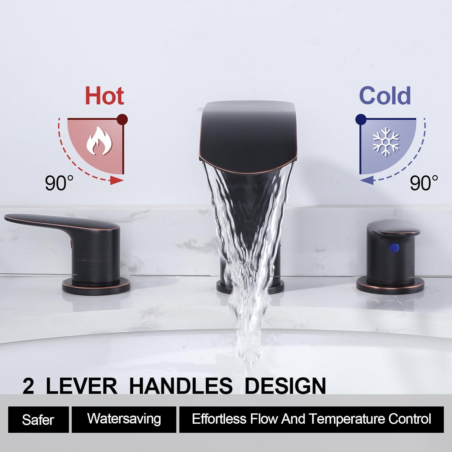 WOWOW Oiled Rubbed Bronze Waterfall Bathroom Faucet 3 Holes 8Inch Widespread Bathroom Sink Faucet and Kitchen Faucet with Sprayer,Oiled Rubbed Bronze Single Handle High Arc Stainless Steel Kitchen Fau