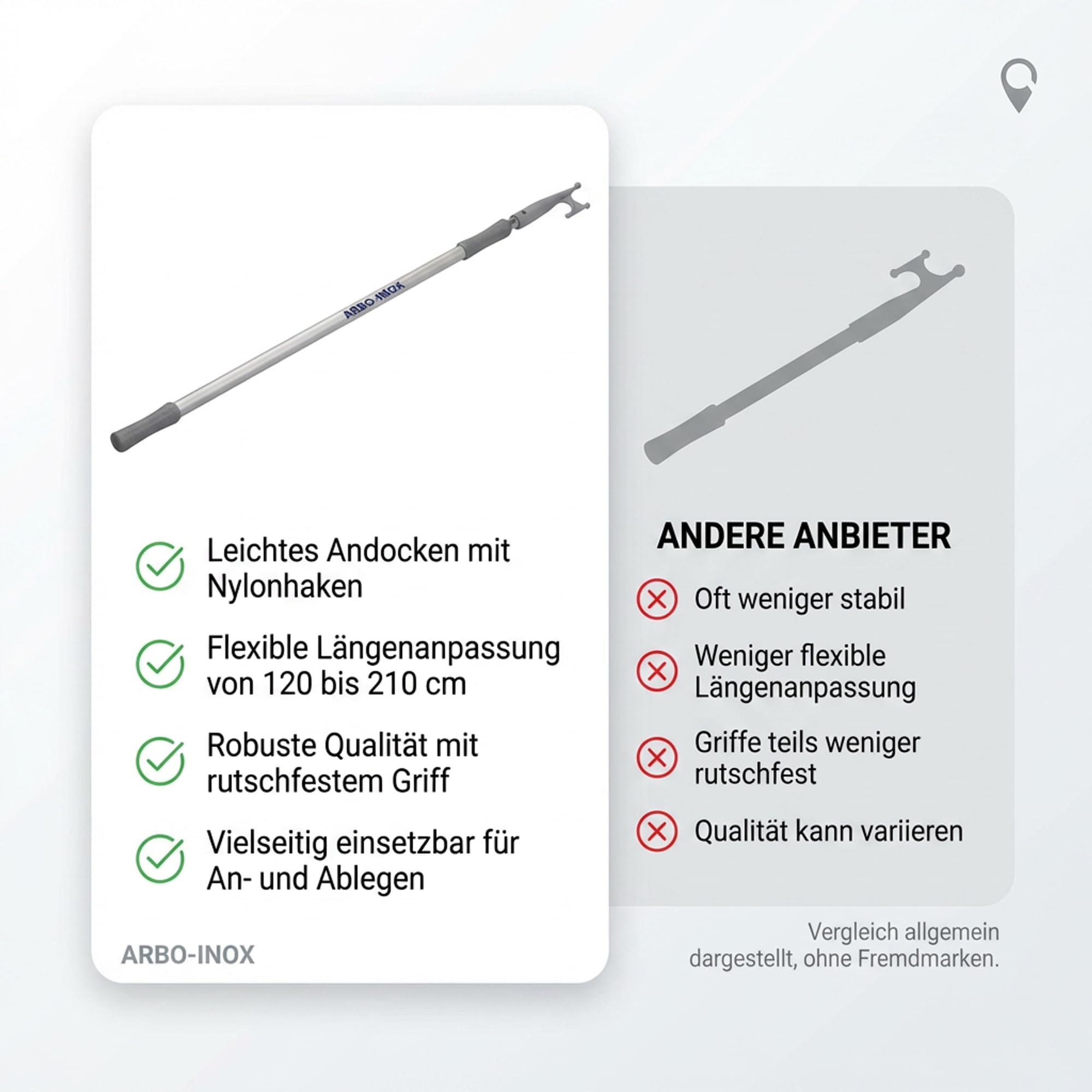 ARBO-INOX Bootshaken Teleskop Schleusenhaken ALU 120-210 cm – Stabiler Aluminium-Haken – Verlängerter Arm an Bord
