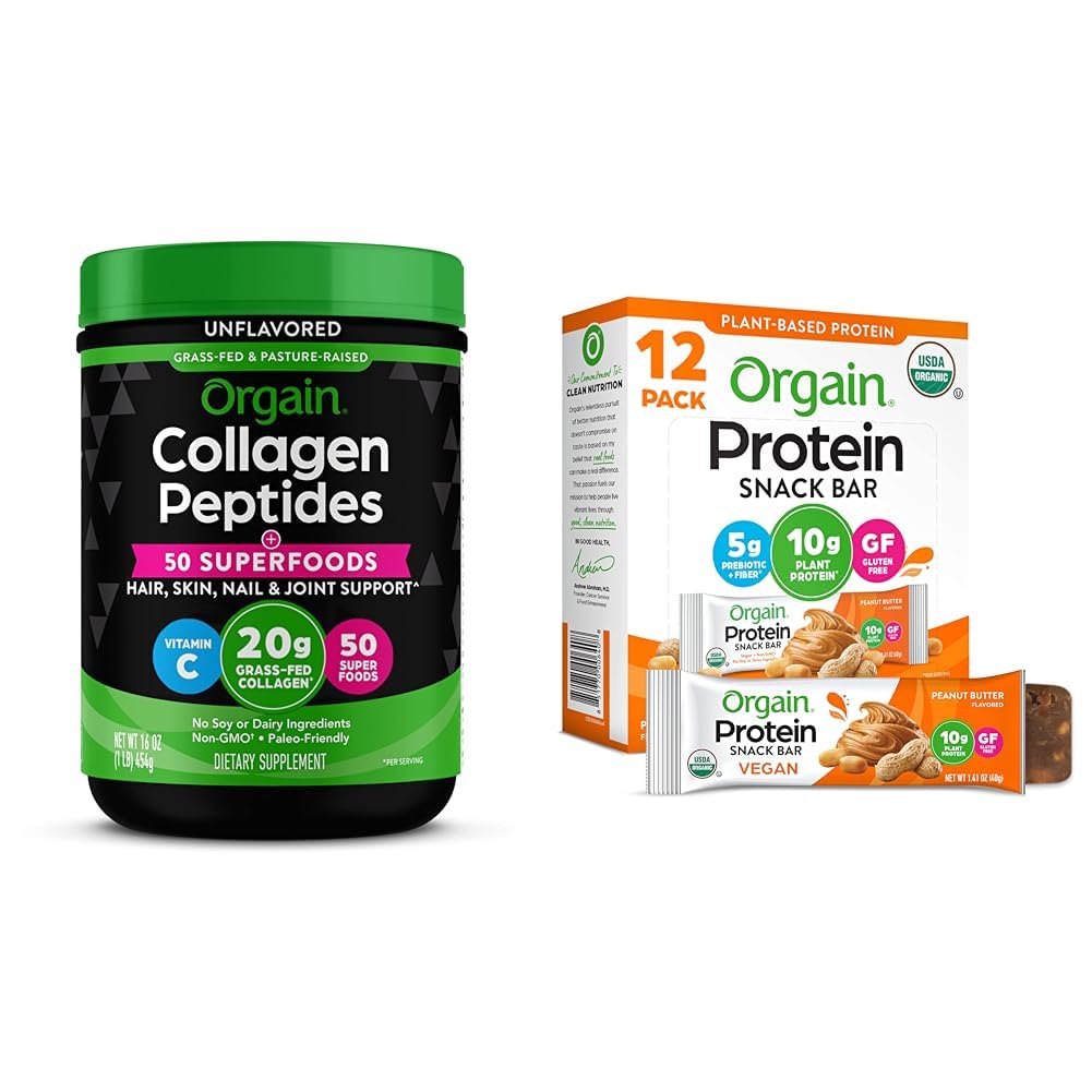 Orgain Hydrolyzed Collagen Powder + 50 Organic Superfoods, 20g Grass Fed Collagen, Unflavored Organic Vegan Protein Bars, Peanut Butter - 10g Plant Based Protei