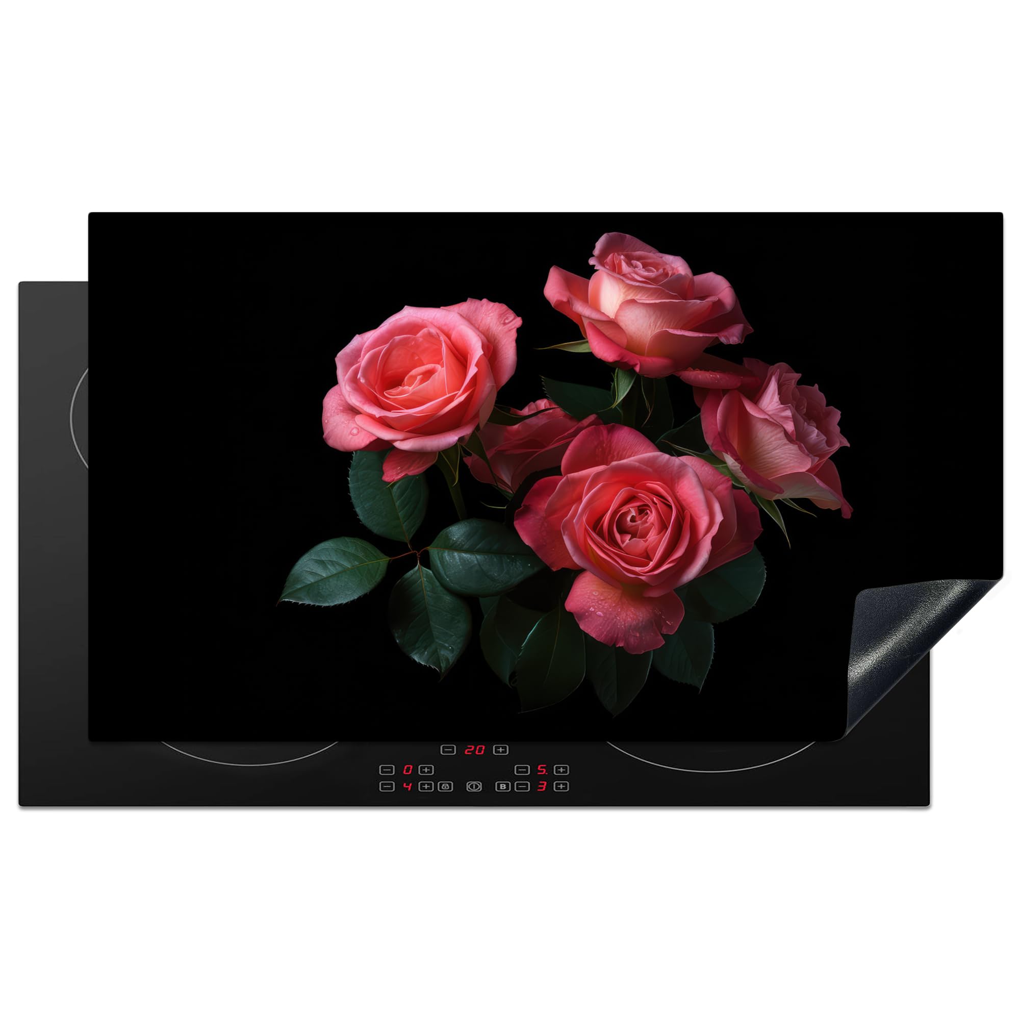 KitchenYeah© Induction Hob Protector Mat 20.3"x35.3" / 89.6x51.6 cm Stove Cap Top Cover Kitchen Cooker Covers for Electric Hobs Vinyl Roses - Pink - Flowers - Nature - Black — image 1