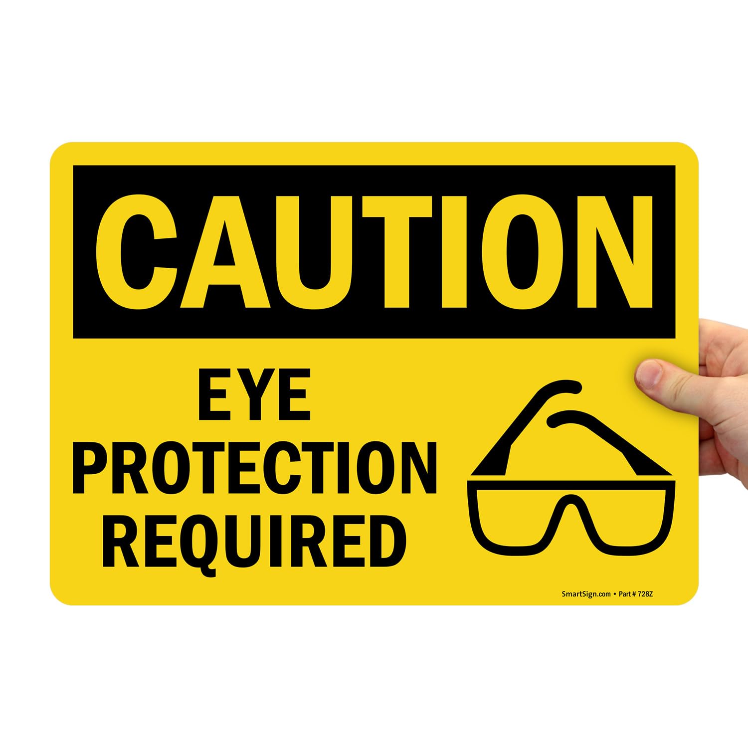 SmartSign Adhesive Vinyl OSHA Safety Sign, Legend "Caution: Eye Protection Required", 10" high x 14" wide, Black on Yellow — Amazon image 3