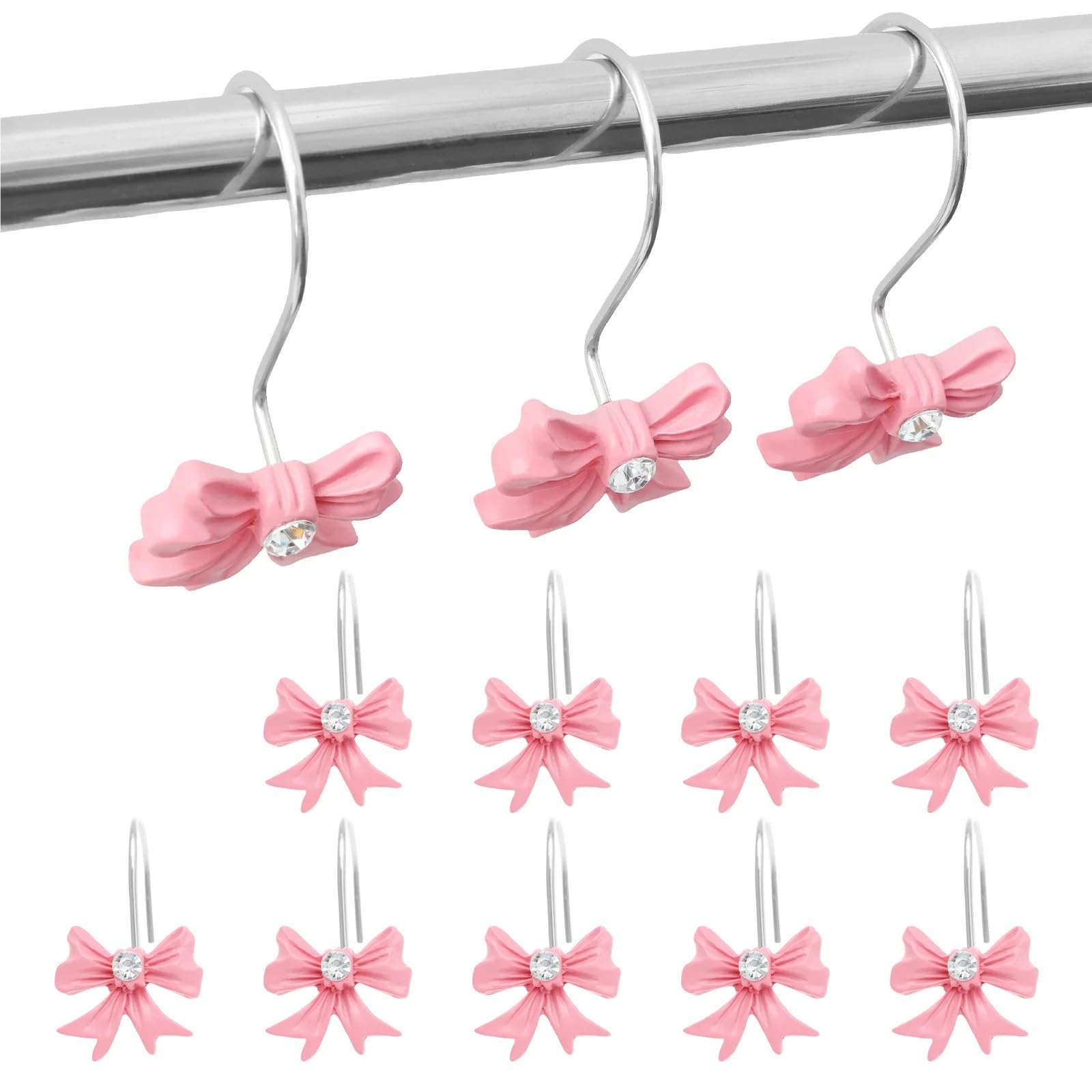 Shower Curtain Rings 12Pcs Shower Curtain Hooks Rings Bow Knots Hook Pretty Decorative Hanger Home Bathroom Accessaries(12pcs PInk)