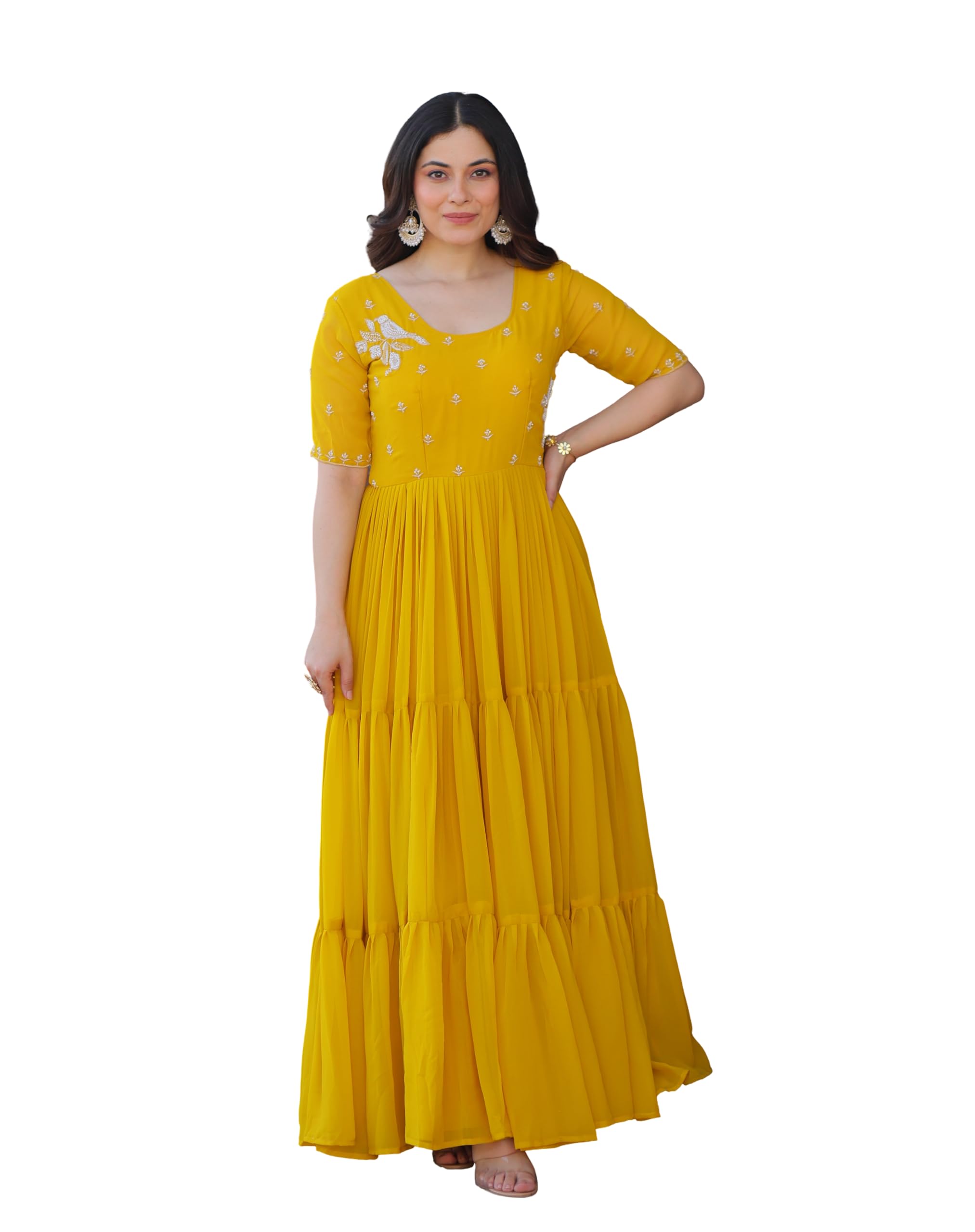 foxdx Women's Embroidered Maxi Dress, Tiered Flared Gown, Short Sleeves, Ethnic-picture-41