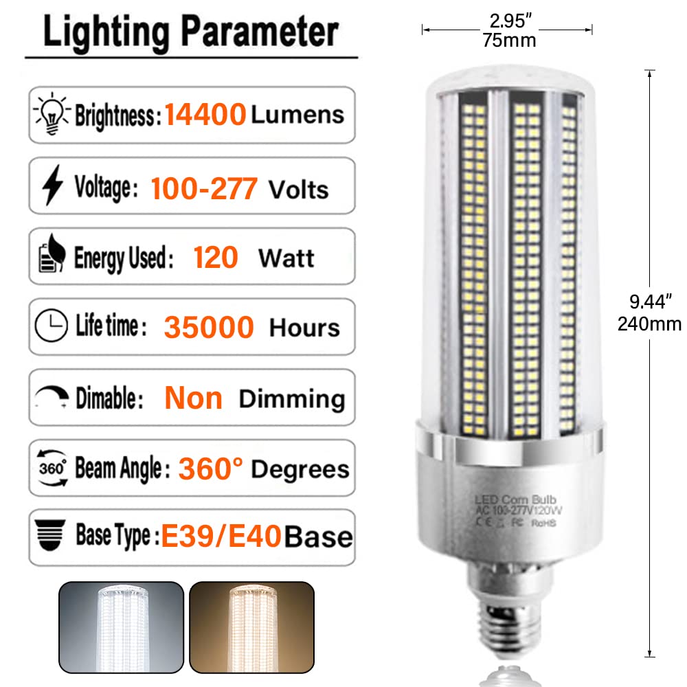 (Paquet de 2) Ampoule LED en forme de maïs 100 W 12 000 lm, culot E26/E27, avec adaptateur de base Mogul E39, ampoules LED de grande surface pour garage intérieur et extérieur, entrepôt, éclairage de