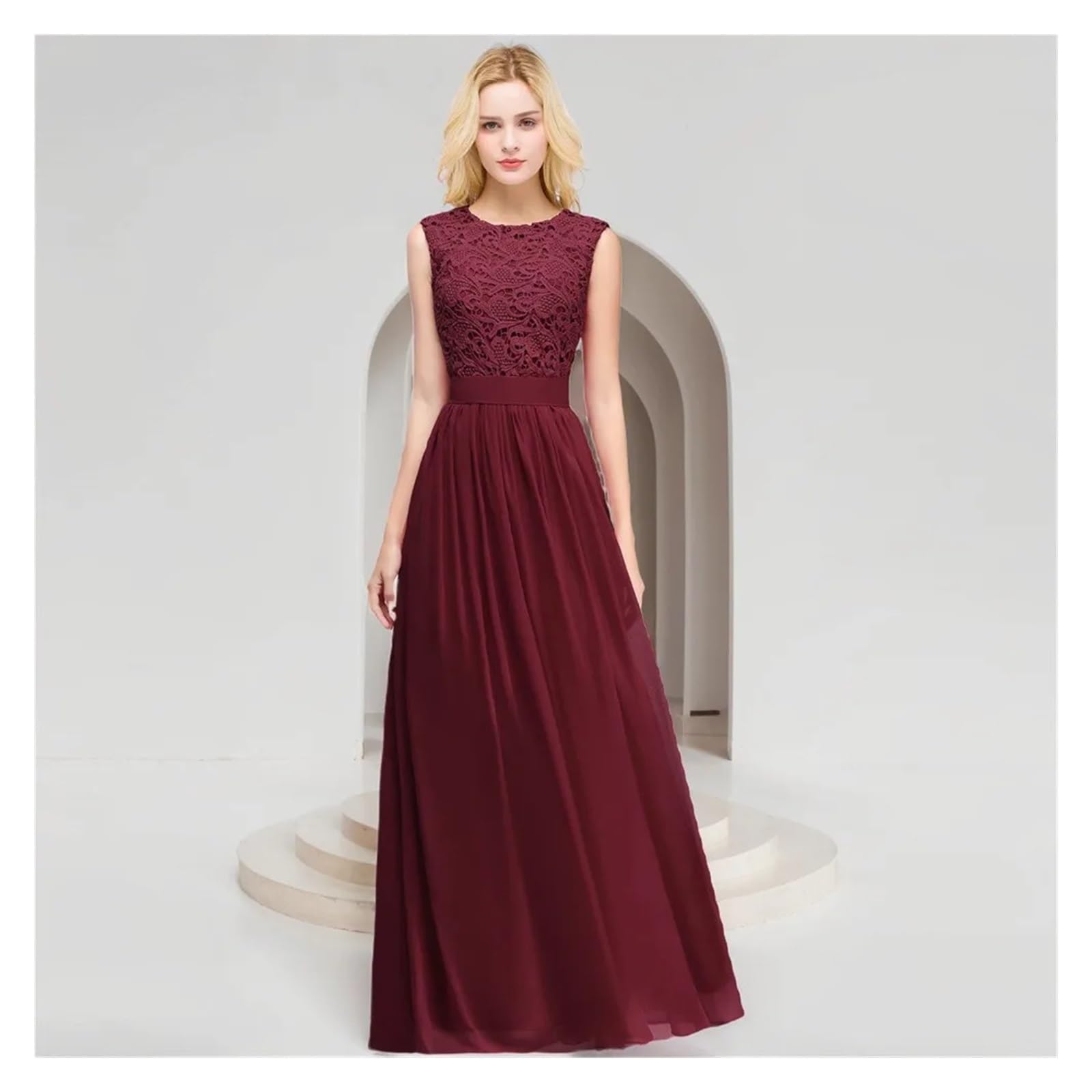 Vestido Dama de Honor Vestidos de dama de honor de gasa burdeos, vestidos elegantes de encaje largos for invitados de fiesta de boda, vestidos de fiesta de noche, ocasiones formales(Burgundy,10)