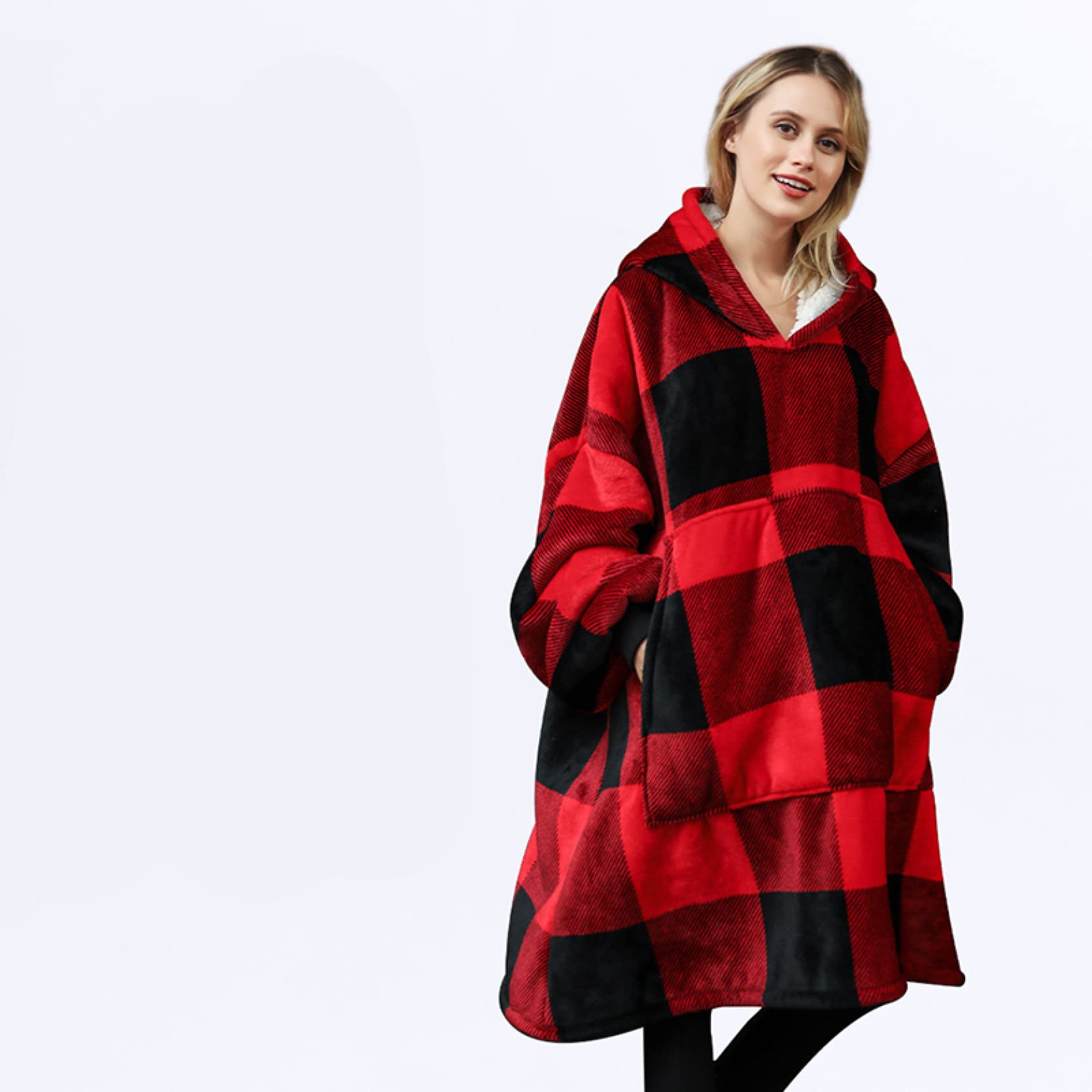 Wearable blanket grand format sweat plaid à capuche et poche de nuit