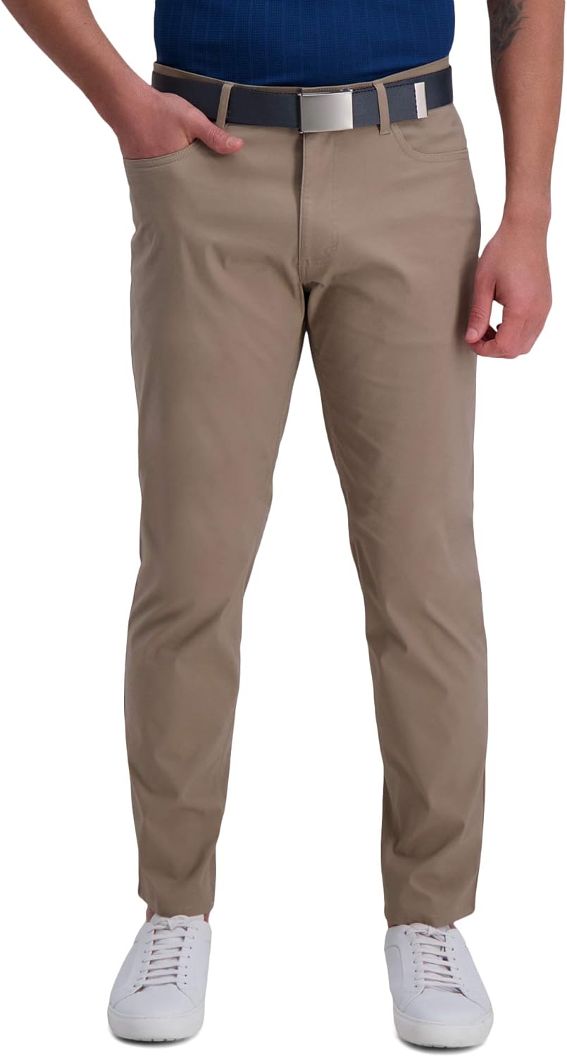 HAGGAR Men's The Active Series Slim Fit Flat Front Pant, Med. Khaki, 36Wx30L at Amazon Men’s