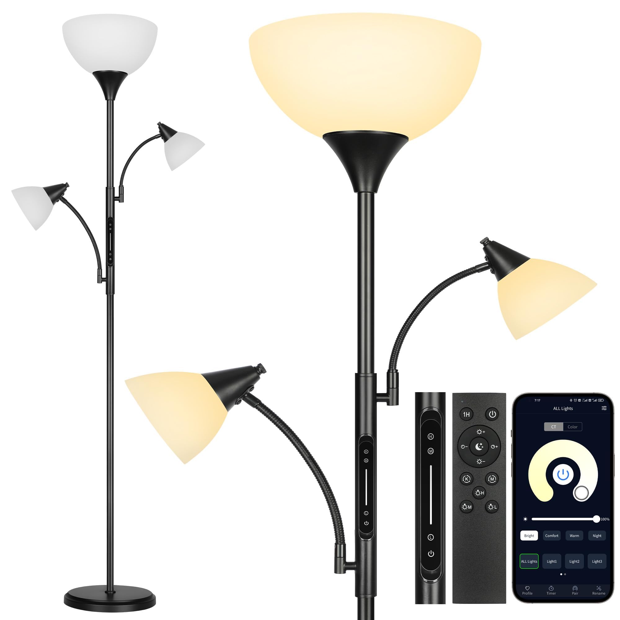 OUTON 3 Light Tree Floor Lamp with App Control & Remote Control & Touch Control, Dimmable & 3000K-6000K Color Temperatures Standard Lamps, Modern Bright Tall Standing Lamp for Living Room, Bedroom