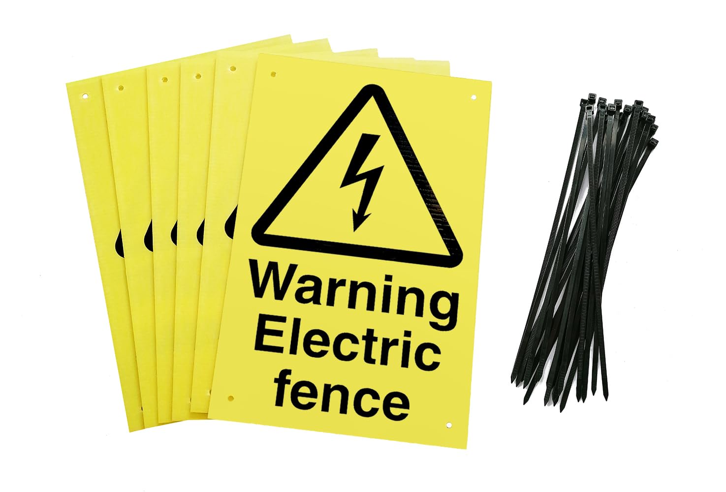 Electric Fence Warning Signs, 20 x 30 cm, Yellow Corex Board, Pack of 6 with Cable Ties