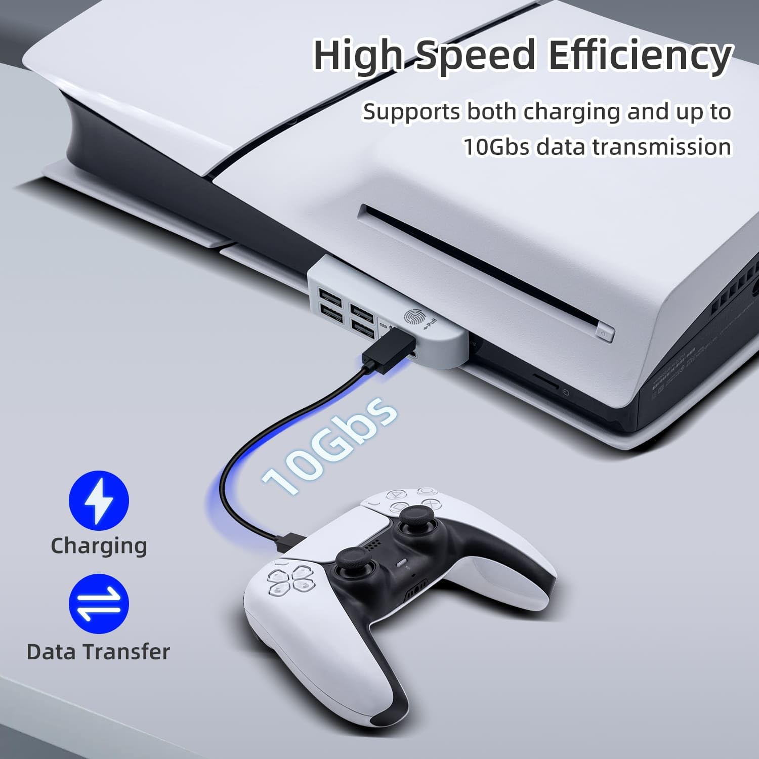 Hub USB 6 en 1 pour PS5 Slim Disc/Digital - Extension de Port USB, Adaptateur de Charge pour Manette, Type-C 3.1 + 4 USB-A 2.0 - Blanc