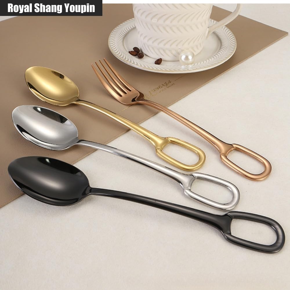 Cuisine Circulaire Trou De Suspension Poignée En Acier Inoxydable Argenterie Vaisselle Couverts Ensemble De Couverts Couteau À Steak Fourchette Cuillère Cuillère À Café (Noir,20 pièces)