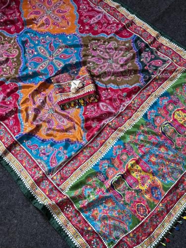 Image of Ajrakh Sarees for Women | Roman Silk Ajrakh Print Saree for Woman with Real Mirror Work Border & Designer Pallu with Blouse Piece Multicolor Ethnic Wear (Orange Color)