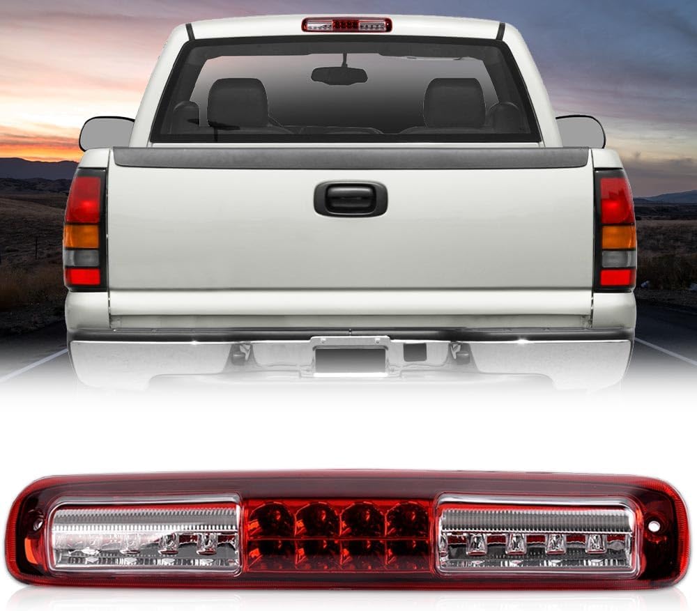 G-PLUS LED Third 3rd Brake Light High Mount Stop Light Assembly Fit Chevy Silverado/GMC Sierra 1500 2500HD 3500 1999-2006 Third Brake Cargo Light Red & Clear Lens Chrome Housing