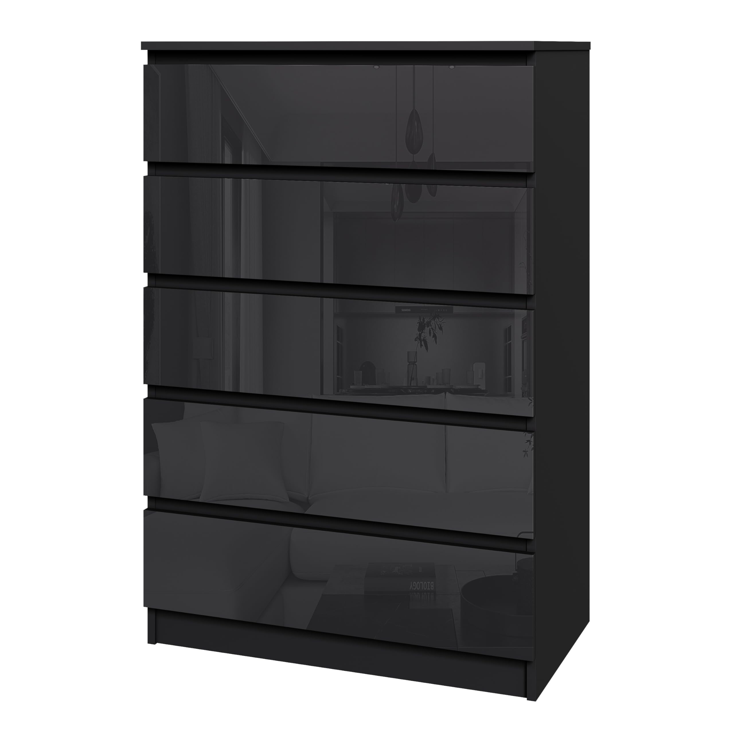 Panana 3/4/5/6 Drawer Dresser with High-Gloss Drawer Fronts and Matte Finish Sides, Wooden Chest of Drawers Bedside Table Storage Organizer Unit Nightstand for Home Office (Black, 5 Drawers)