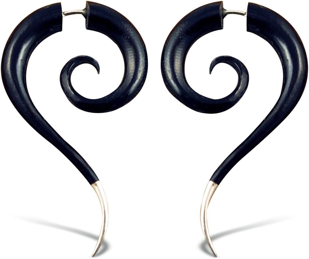 Fake Gauge Earrings Hand Carved Horn Silver Tip Eternity Fake Plugs