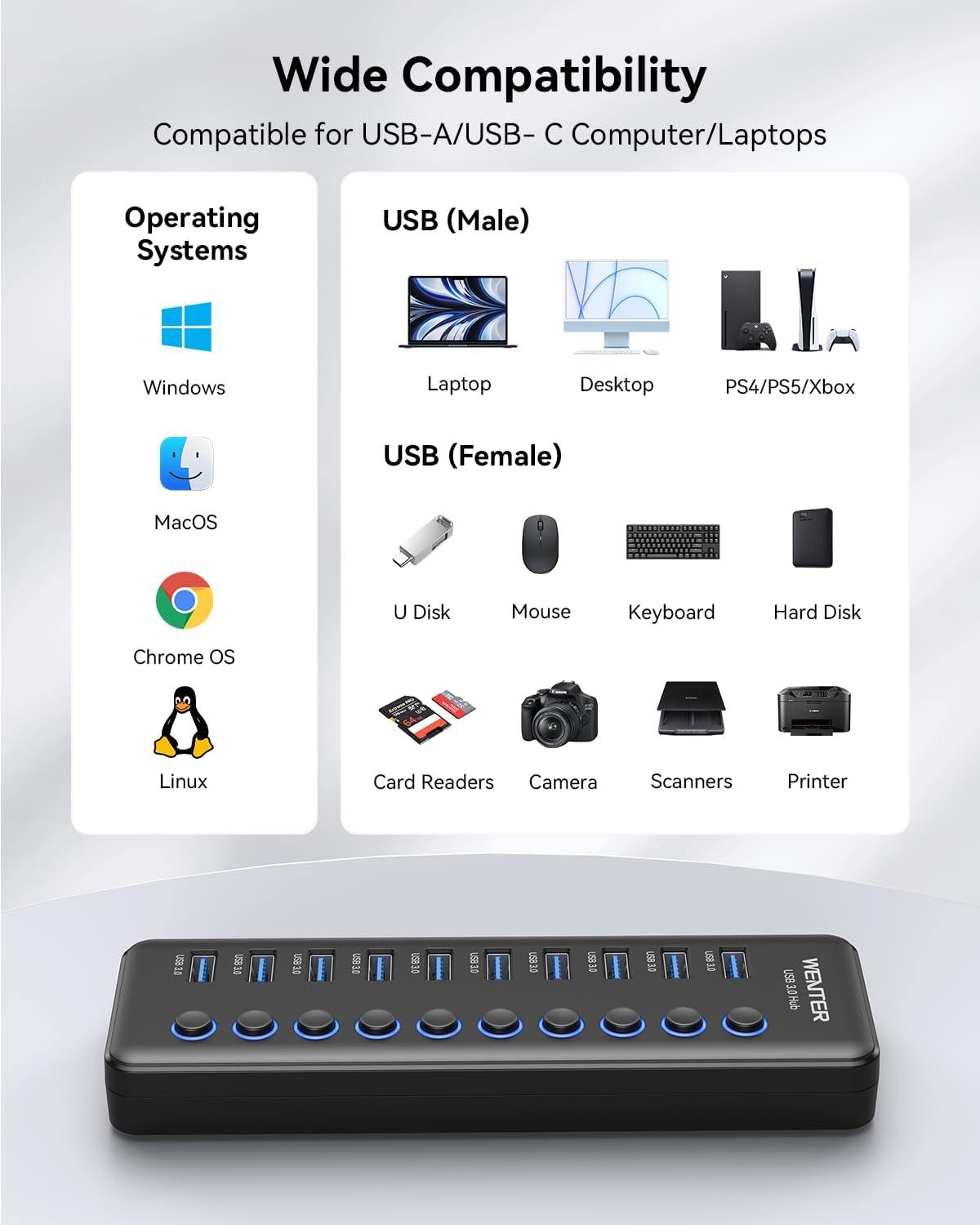 Hub USB 3.0 alimentado por 10 puertos, divisor USB con interruptores LED de encendido/apagado independientes, adaptador USB A-C y fuente de alimentación de 12 V/3 A, concentrador USB alimentado para