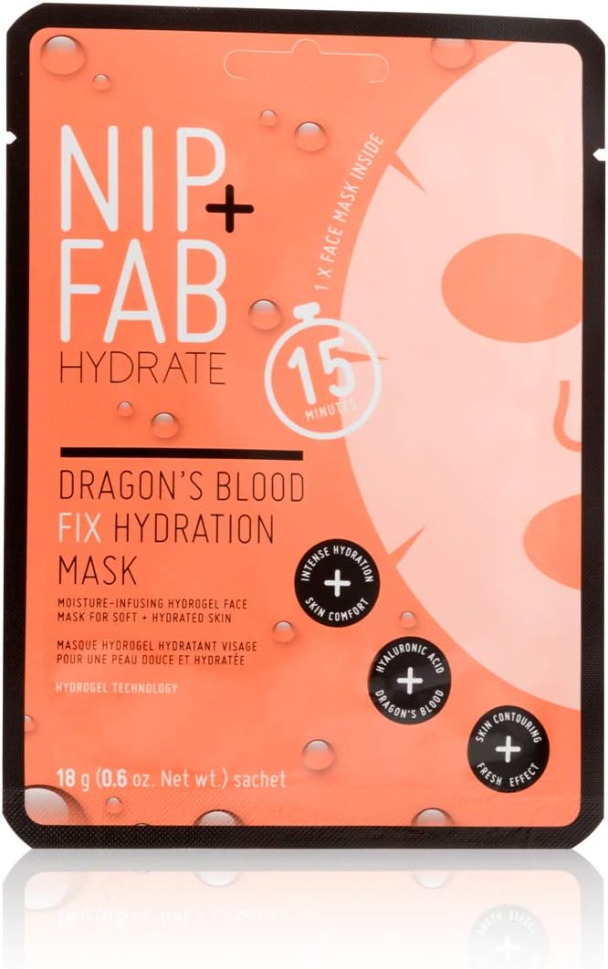 Nip+FabDragon's Blood Fix Hydration Sheet Mask | Moisture-Infusing Hydrogel Face Mask | For Soft + Hydrated Skin | 18 Grams | Vegan & Cruelty-Free