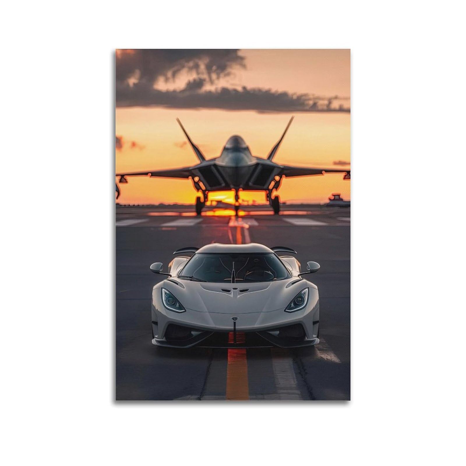 OKAHYS Jesko Hypercar White Sports Car & Fighter Aircraft Poster Decorative Painting Canvas Wall Artworks Picture 24x36inch(60x90cm)