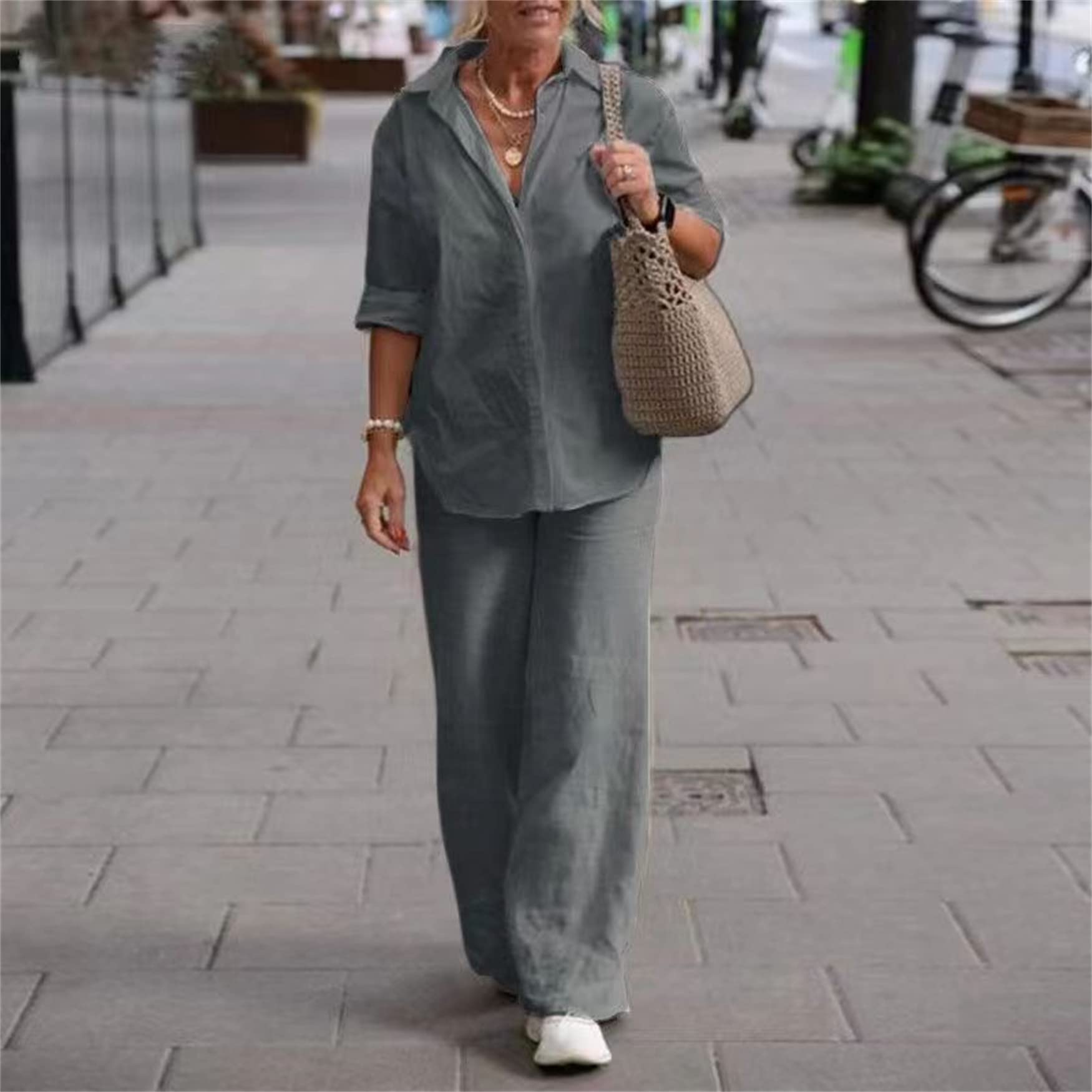 Conjunto De Lino De Dos Piezas Para Mujer: Top Manga Larga Y Pantalón De Pierna Ancha (cómodo Y Elegante)