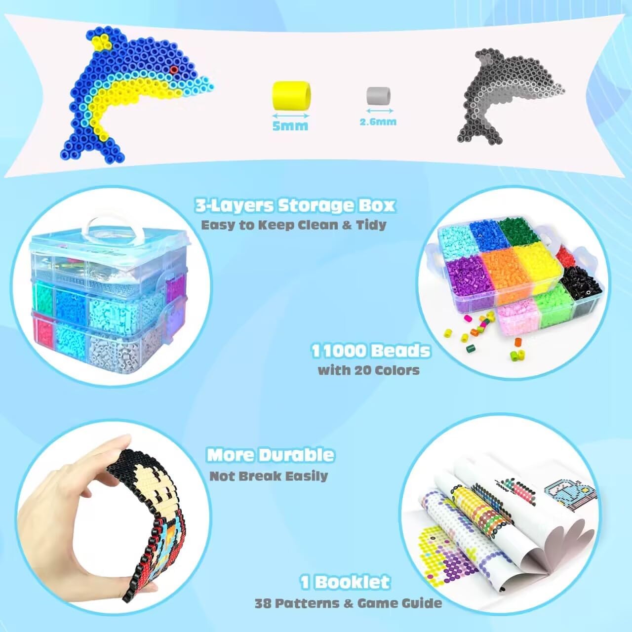11000 Fuse Beads Kit - 20 Colors 5mm Bead Craft Set with Storage Box, Pegboard, Ironing Paper and Accessories, Arts and Crafts Kits for Kids Age 5+ Christmas Birthday DIY Craft Gift for Girls & Boys