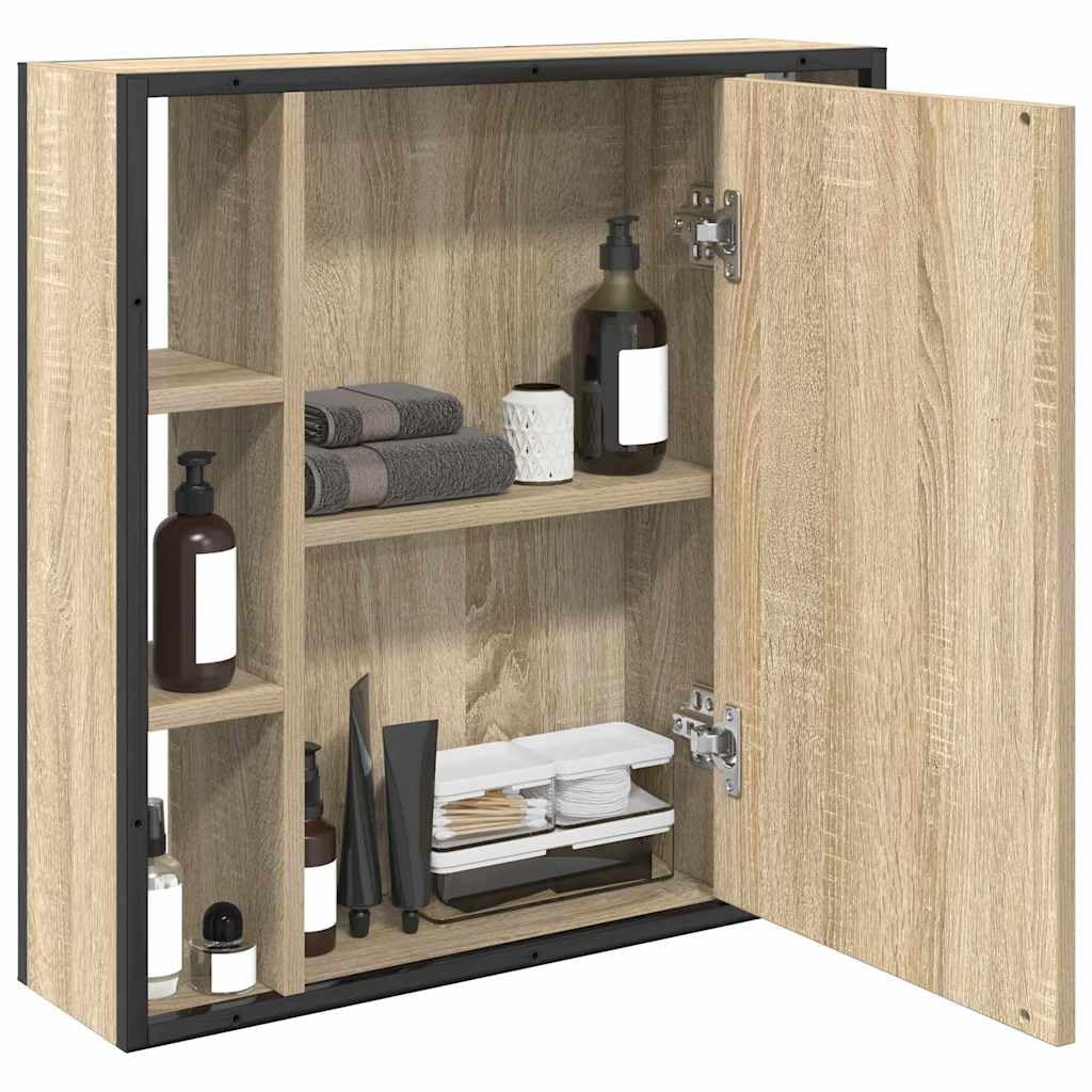 Armario con espejo de roble Sonoma, 60 x 16 x 60 cm, material de madera con espejo plano y 5 estantes, montaje en pared, espacio de almacenamiento para baño, lavadero, aseo de invitados