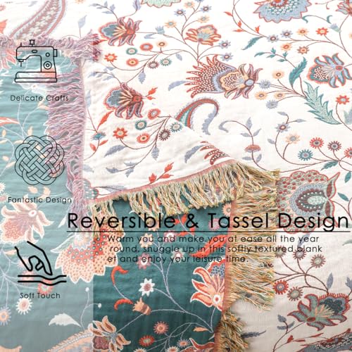 Wotcsil Manta Sofa de Algodón para Cama Colcha Sofa Floral Boho Plaid Manta Foulard Multiusos Jarapas para Sofas Cubrecama Verano Inverno (Verde Beige con Borlas, 200x230cm) - imagen 4