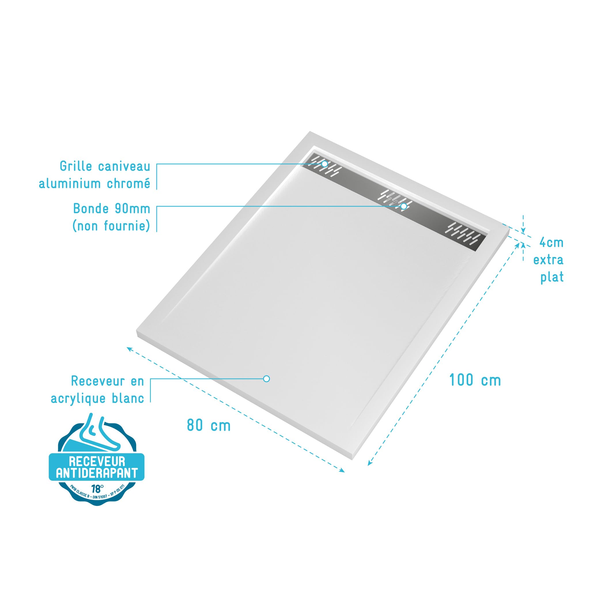 Receveur en acrylique Blanc 80x100x4 cm - Grille Linéaire Chrome - WHITENESS II