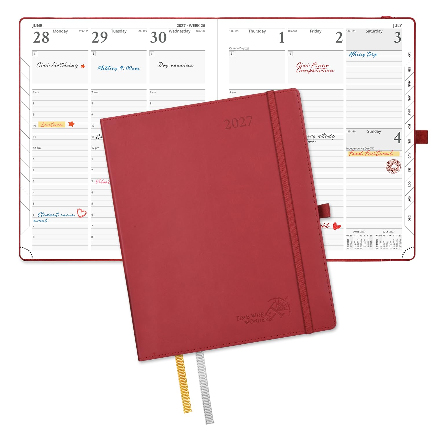 POPRUN 2027 Diary Week to View Approx. A4 Large–PU Leather, Vertical Layout