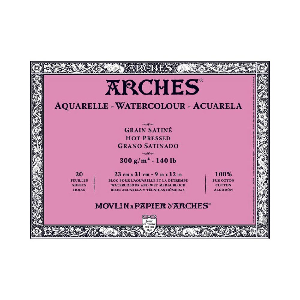 Arches Winsor Newton Watercolor Hot Pressed Paper Block, 20 Sheets 9-inch x 12-inch