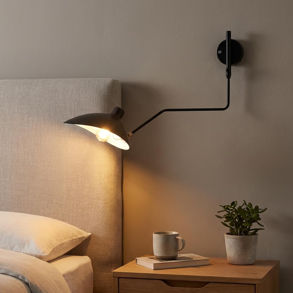 BARCELONA LED Applique da Parete Grande in Ferro Nero Stile Classico Moderno Vintage di Lusso, Braccio e Paralume Orientabili, Attacco E27, Lampada da Parete Design per Interni