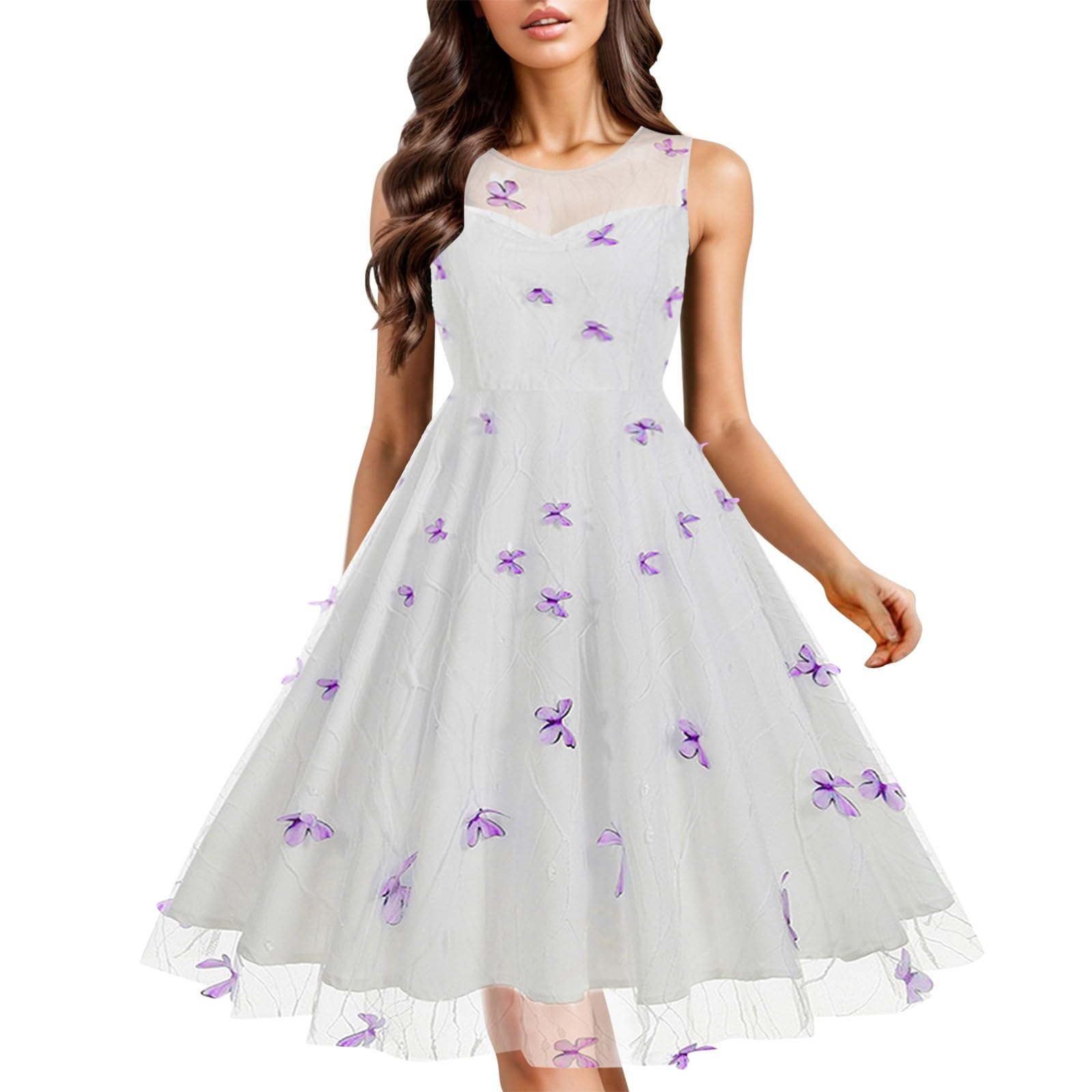 Vestito Scollato Donna - Abito Vintage con Scollo Tondo Senza Maniche in Pizzo Europeo E Americano Ricamato con Farfalla del Giorno